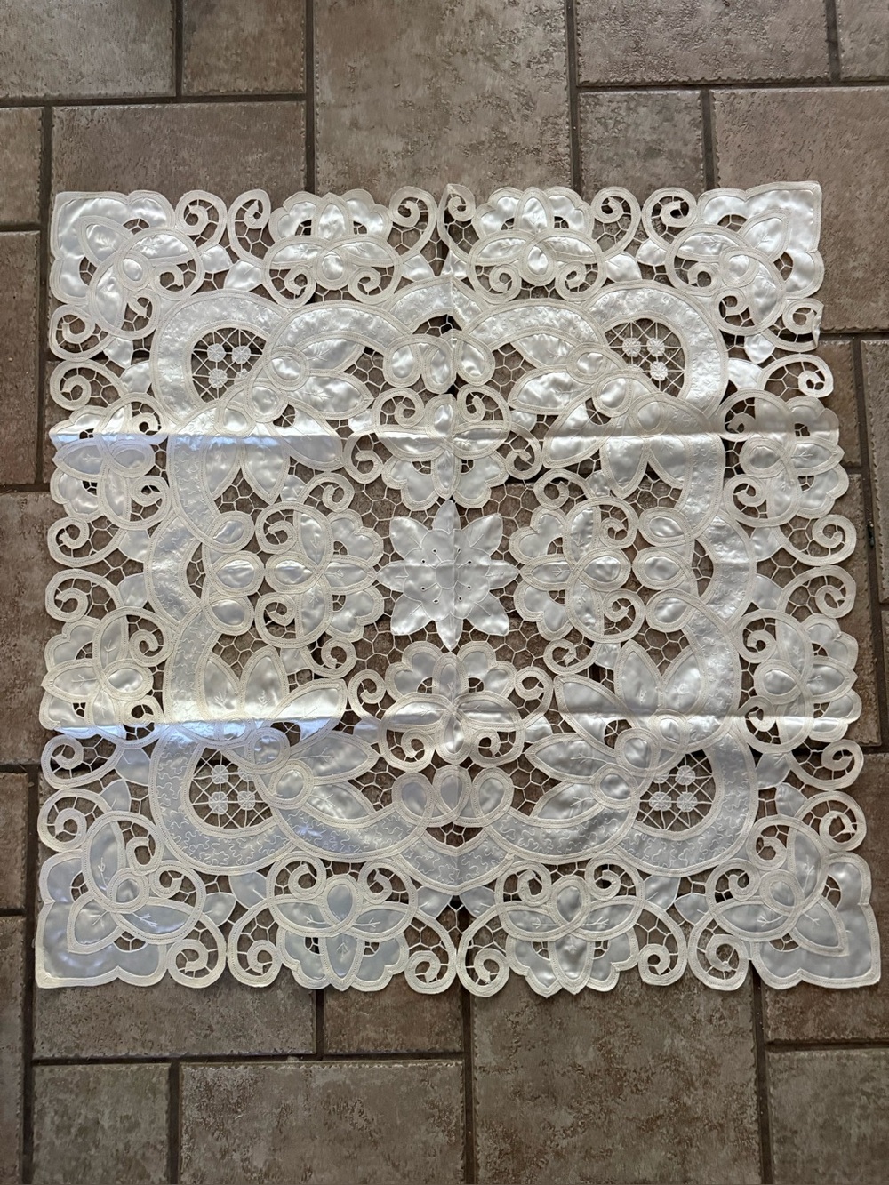 Battenberg Like Lace Tablecloth with Silk & Embroidered Lace - 34”square. Mint.
